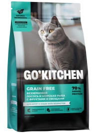 Сухой корм Go'Kitchen Salmon, Fish & Vegetables для котят и кошек всех возрастов, с лососем, морской рыбой, фруктами и овощами, 400 г