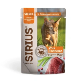 Влажный корм SIRIUS Premium Sterile консервированный Duck & Cranberry для для стерилизованных кошек кусочки в соусе утка с клюквой, 85 г