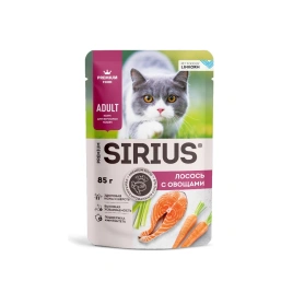 Влажный корм SIRIUS Premium Adult консервированный Salmon & Vegetables для взрослых кошек кусочки в соусе лосось с овощами, 85 г
