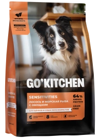 Сухой корм Go'Kitchen Salmon & Fish для щенков и собак всех возрастов для чувствительного пищеварения, с лососем и морской, с лососем и рыбой, 5,44 кг