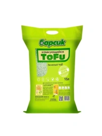 Наполнитель Барсик для кошачьих туалетов, комкующийся Tofu зелёный чай, 15 л