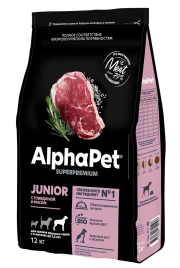 Сухой корм ALPHAPET Superpremium Beef & Rice для щенков, крупных пород с 6 месяцев до 1,5 лет, с говядиной и рисом, 12 кг