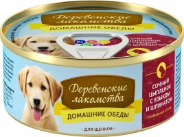 Влажный корм «Деревенские лакомства» домашние обеды Сочный цыпленок для щенков с шпинатом, 100 г