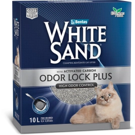 Наполнитель White Sand для кошачьего туалета, комкующийся "С усиленной блокировкой запахов" с активированным углем, без запаха, 10 л