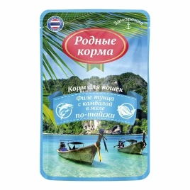 Влажный корм Родные корма заморские паучи Tuna для кошек, филе тунца с камбалой в желе по-тайски, 70 г