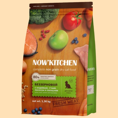 Сухой корм NOW'KITCHEN Fresh Kitten Turkey, Duck, Salmon & Vegetables для котят со свежей индейкой, уткой, лососем и овощами, 1,36 кг фото 1