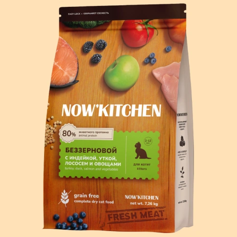 Сухой корм NOW'KITCHEN Fresh Kitten Turkey, Duck, Salmon & Vegetables для котят со свежей индейкой, уткой, лососем и овощами, 7,26 кг фото 1