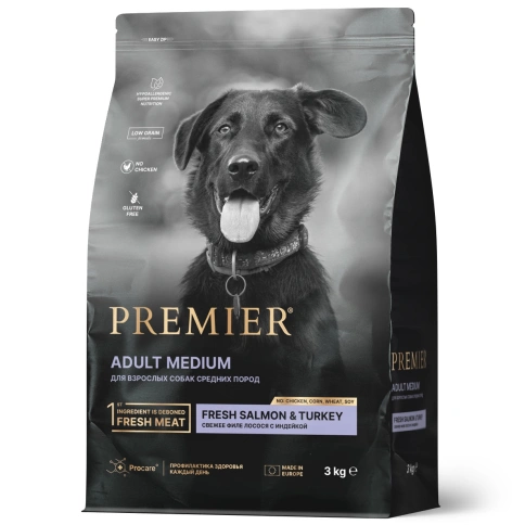 Сухой корм Premier Dog Salmon & Turkey Adult Medium для собак средних пород, с лососем и индейкой, 3 кг фото 1