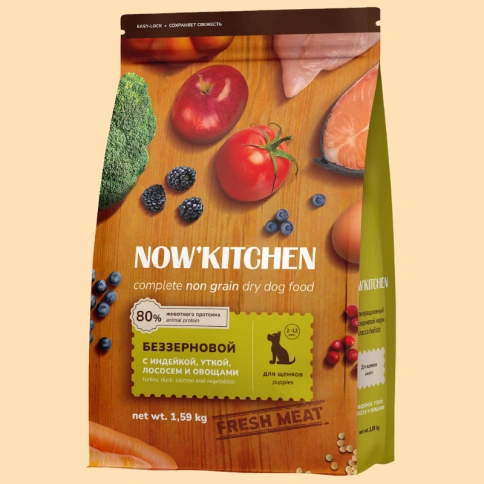 Сухой корм NOW'KITCHEN Fresh Puppy Turkey, Duck & Salmon для щенков со свежей индейкой, с индейкой, уткой и лососем, 1,59 кг фото 1