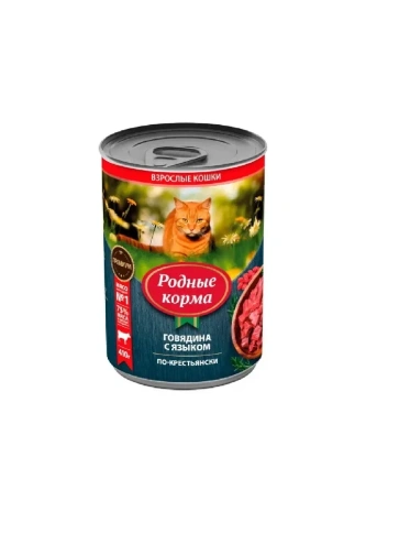 Влажный корм Родные корма Beef для кошек, говядина с языком по-крестьянски, 410 г фото 1