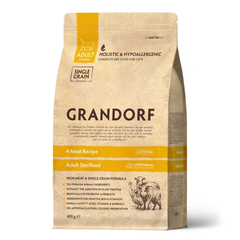 Сухой корм Grandorf 4 Meat Probiotic Sterilised Четыре вида мяса Meat Assortment для стерилизованных кошек, 400 г фото 1