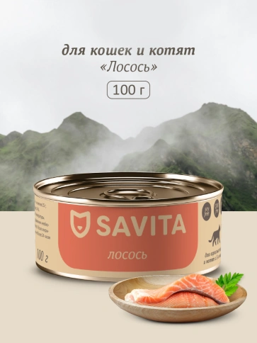 Влажный корм SAVITA Salmon для кошек и котят, с лососем, 100 г фото 1