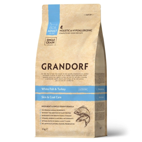 Сухой корм Grandorf White Fish & Turkey Skin & Care для кошек для заботы о коже и шерсти, с белой рыбой и индейкой, 2 кг фото 1