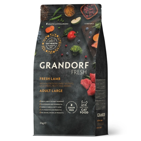 Сухой корм Grandorf Cat Lamb & Sweet Potato для взрослых кошек крупных пород, чувствительное пищеварение или склонность к аллергии ягненок, с бататом, 2 кг фото 1