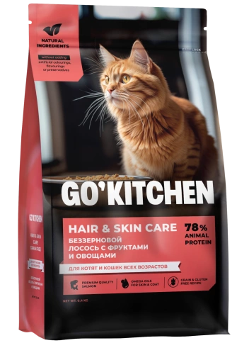 Сухой корм Go'Kitchen Salmon & Vegetables Hair & Skin Care для котят и кошек всех возрастов, со свежим лососем, фруктами и овощами, 400 г фото 1