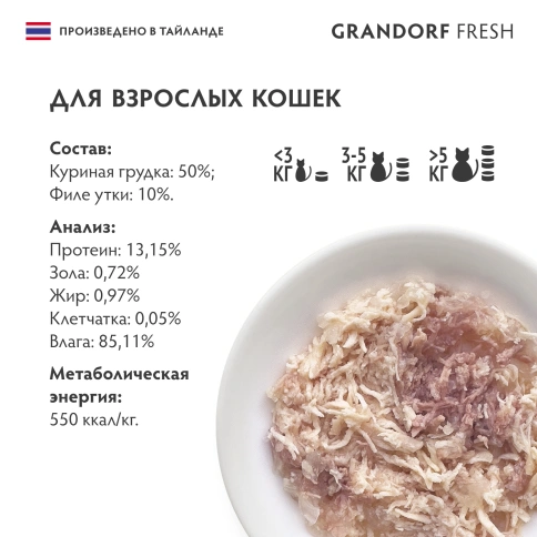 Влажный корм Grandorf Fresh Chicken & Duck для кошек, консервы, куриная грудка с утиным филе в желе, 70 г фото 6