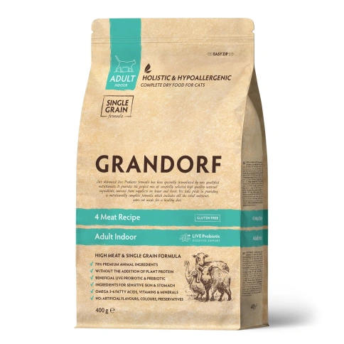 Сухой корм Grandorf 4 Meat Probiotic Indoor Четыре вида мяса Meat Assortment для домашних кошек, 400 г фото 1