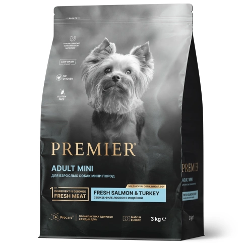 Сухой корм Premier Dog Salmon & Turkey Adult Mini для собак мелких пород, с лососем и индейкой, 3 кг фото 1