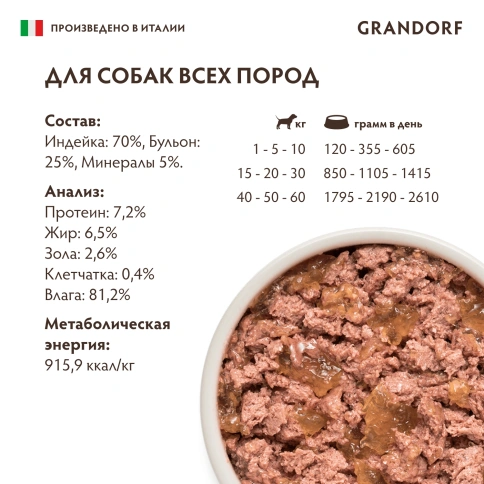 Влажный корм Grandorf Turkey для собак, паштет из индейки, 200 г фото 6