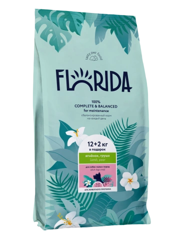 Сухой корм FLORIDA Mini Adult Lamb & Pear для взрослых собак малых пород, с ягненком и грушей, 14 кг фото 1