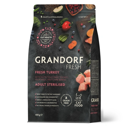 Сухой корм Grandorf Fresh Cat Turkey & Sweet Potato для стерилизованных кошек диетическая формула для особо аллергичных кошек индейка, с бататом, 400 г фото 1