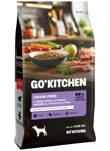 Сухой корм Go'Kitchen Chicken, Turkey, Salmon & Duck для взрослых собак всех пород, с курицей., с курицей, индейкой, лососем и уткой, 9,88 кг фото 3