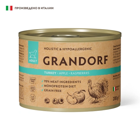 Влажный корм Grandorf Turkey, Apple & Raspberry для собак, паштет из индейки с яблоком и малиной, 200 г фото 1