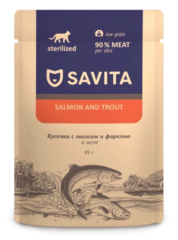 Влажный корм SAVITA Salmon & Trout для стерилизованных кошек, с лососем и форелью в желе, 85 г фото 1