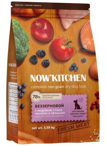 Сухой корм NOW'KITCHEN Fresh Large Puppy Turkey, Duck & Salmon для щенков крупных пород со свежей индейкой,уткой, с индейкой, уткой и лососем, 1,59 кг фото 1