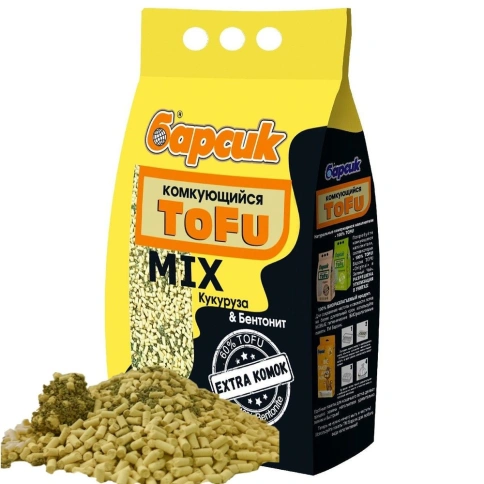 Наполнитель Барсик для кошачьих туалетов, комкующийся Tofu Mix Кукуруза бентонит, 4,54 л фото 1