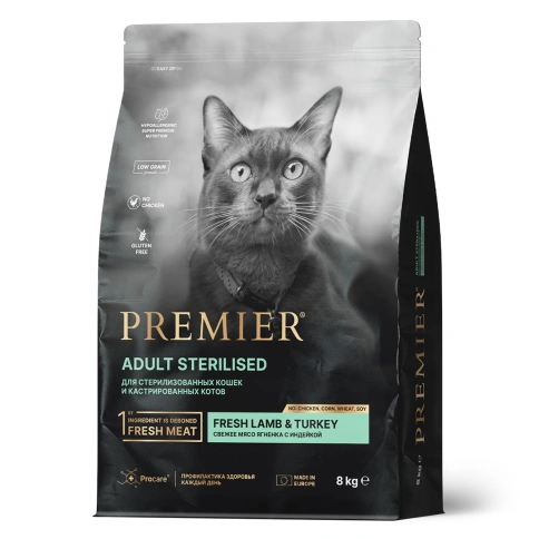Сухой корм Premier Cat Lamb & Turkey Sterilised для стерилизованных кошек, с ягненком и индейкой, 8 кг фото 1