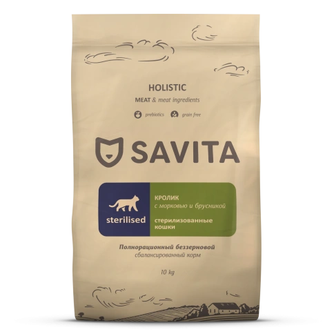 Сухой корм SAVITA Sterilised Rabbit для стерилизованных кошек, с кроликом, 10 кг фото 1