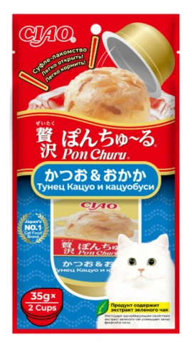 Лакомство Inaba Pon Churu для кошек, суфле тунец Кацуо и кацуобуси, 2 шт, 35 г фото 1