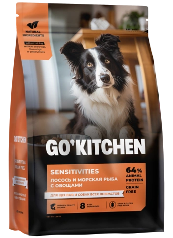 Сухой корм Go'Kitchen Salmon & Fish для щенков и собак всех возрастов для чувствительного пищеварения, с лососем и морской, с лососем и рыбой, 1,59 кг фото 1