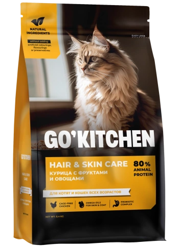Сухой корм Go'Kitchen Chicken & Vegetables Hair & Skin Care для котят и кошек всех возрастов, со свежей курицей, фруктами и овощами, 400 г фото 1