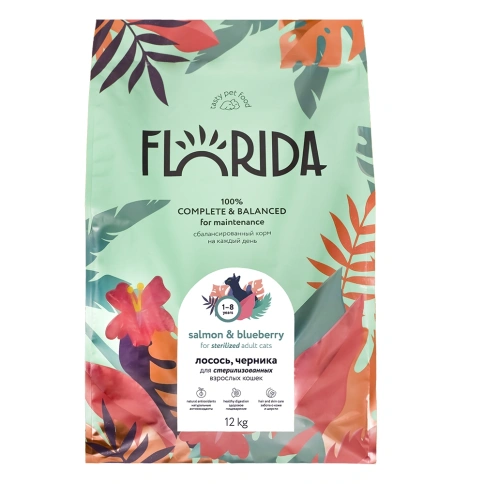 Сухой корм FLORIDA Sterilised 34 Salmon & Blueberry для стерилизованных кошек, с лососем и черникой, 12 кг фото 1