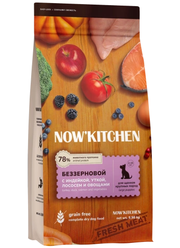 Сухой корм NOW'KITCHEN Fresh Large Puppy Turkey, Duck & Salmon для щенков крупных пород со свежей индейкой,уткой, с индейкой, уткой и лососем, 9,98 кг фото 1
