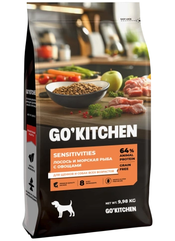 Сухой корм Go'Kitchen Salmon & Fish для щенков и собак всех возрастов для чувствительного пищеварения, с лососем и морской, с лососем и рыбой, 9,98 кг фото 1