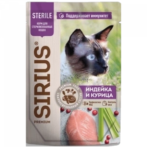 Влажный корм SIRIUS Premium Sterile консервированный Turkey & Chicken для для стерилизованных кошек кусочки в соусе, с индейкой и курицей, 85 г фото 1