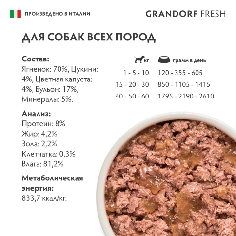 Влажный корм консервы Grandorf Fresh Lamb для собак паштет из ягненка с цуккини и цветной капустой 200 г фото 6