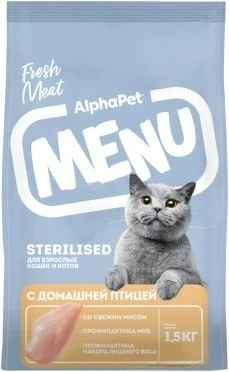 Сухой корм ALPHAPET MENU для взрослых стерилизованных кошек и котов с домашней птицей, 1,5 кг фото 1